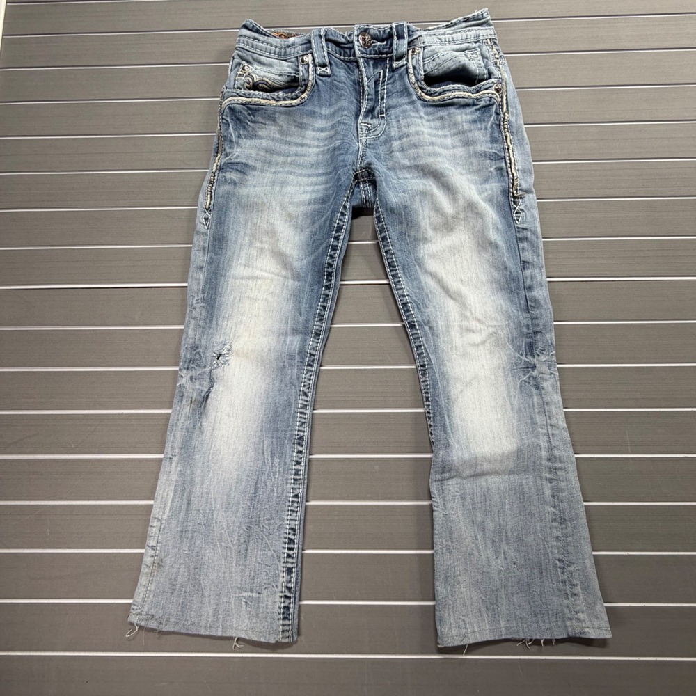 Rock Revival Royce Slim Boot Distressed Jeans Mens 32 Light Wash  HEMED to 25"